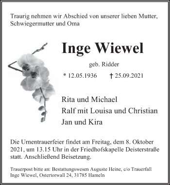 Traueranzeige von Inge Wiewel von Deister- und Weserzeitung