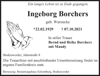 Traueranzeige von Ingeborg Borchers von Deister- und Weserzeitung
