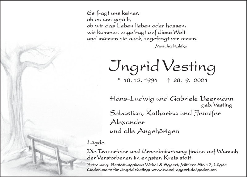  Traueranzeige für Ingrid Vesting vom 02.10.2021 aus Deister- und Weserzeitung