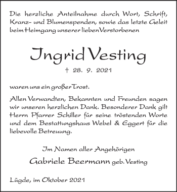 Traueranzeige von Ingrid Vesting von Deister- und Weserzeitung