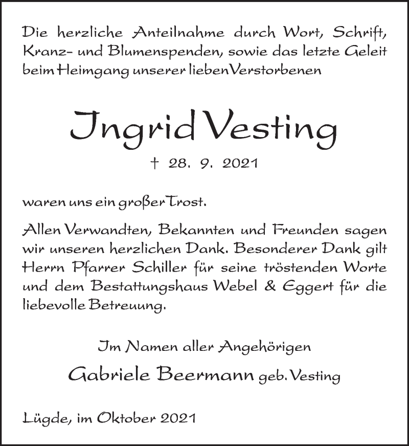  Traueranzeige für Ingrid Vesting vom 23.10.2021 aus Deister- und Weserzeitung