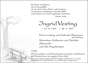 Traueranzeige von Ingrid Vesting von Deister- und Weserzeitung