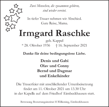 Traueranzeige von Irmgard Raschke von Neue Deister-Zeitung