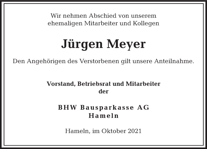  Traueranzeige für Jürgen  Meyer vom 18.10.2021 aus Deister- und Weserzeitung