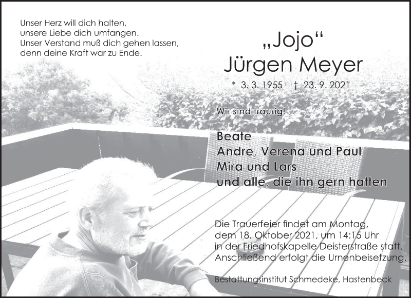  Traueranzeige für Jürgen  Meyer vom 09.10.2021 aus Deister- und Weserzeitung