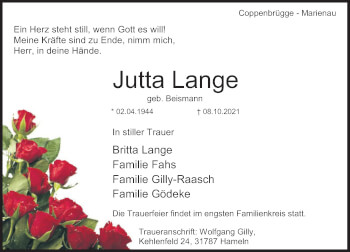 Traueranzeige von Jutta Lange von Deister- und Weserzeitung