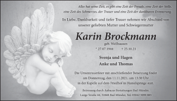 Traueranzeige von Karin Brockmann Wellhausen von Neue Deister-Zeitung