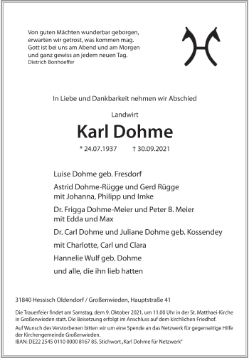 Traueranzeige von Karl Dohme von Deister- und Weserzeitung
