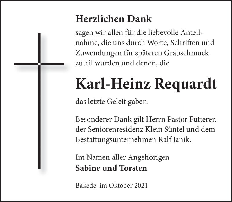  Traueranzeige für Karl-Heinz Requardt vom 09.10.2021 aus Neue Deister-Zeitung