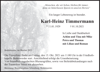 Traueranzeige von Karl-Heinz Timmermann von Deister- und Weserzeitung