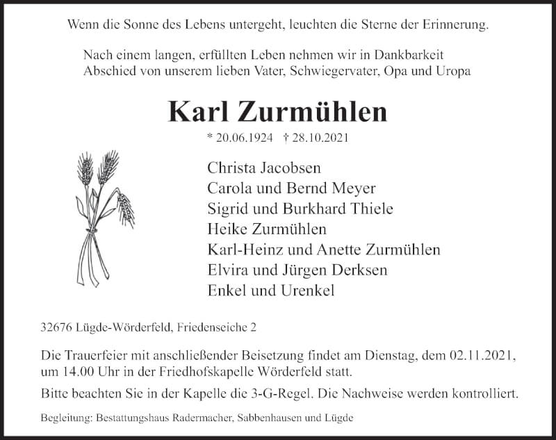  Traueranzeige für Karl Zurmühlen vom 30.10.2021 aus Deister- und Weserzeitung