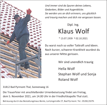 Traueranzeige von Klaus Wolf von Deister- und Weserzeitung