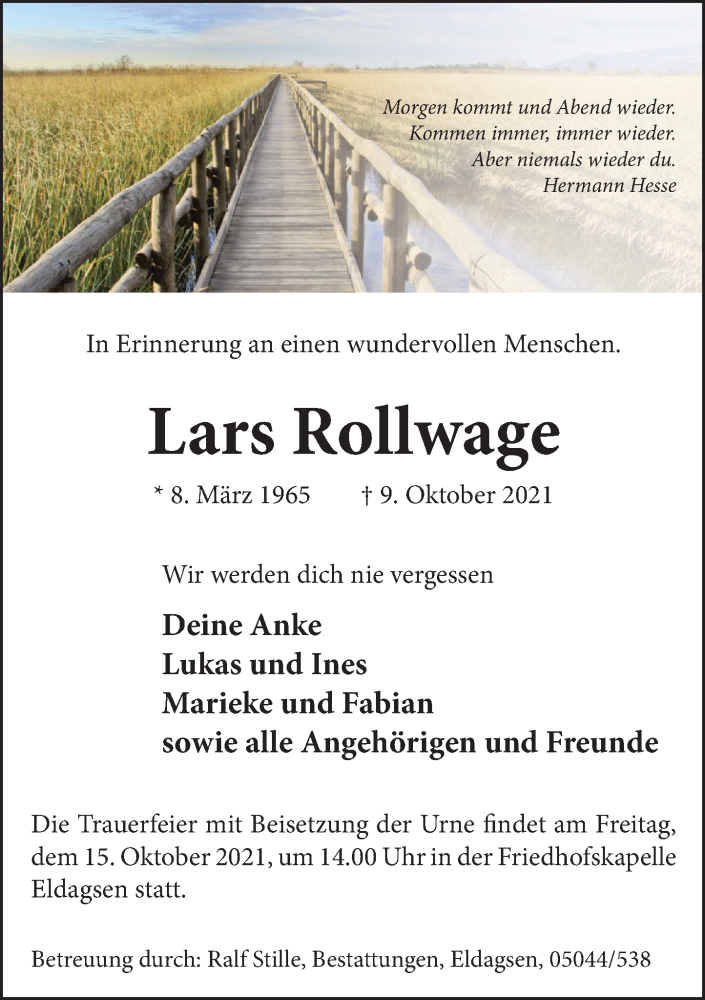  Traueranzeige für Lars Rollwage vom 14.10.2021 aus Neue Deister-Zeitung