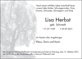 Traueranzeige von Lisa Herbst von Deister- und Weserzeitung