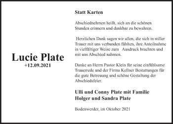 Traueranzeige von Lucie Plate von Deister- und Weserzeitung