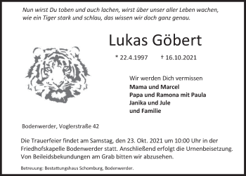 Traueranzeige von Lukas Göbert von Deister- und Weserzeitung
