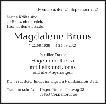 Traueranzeige von Magdalene Bruns von Deister- und Weserzeitung
