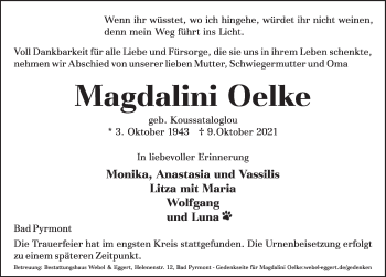 Traueranzeige von Magdalini Oelke von Deister- und Weserzeitung