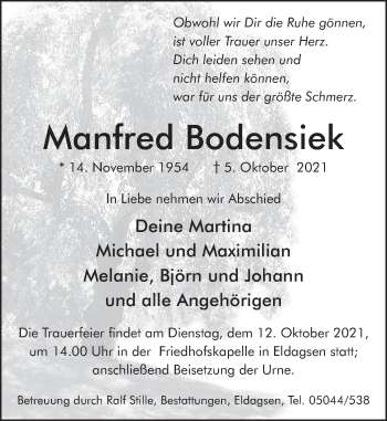 Traueranzeige von Manfred Bodensiek von Neue Deister-Zeitung