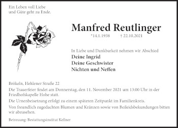 Traueranzeige von Manfred Reutlinger von Deister- und Weserzeitung