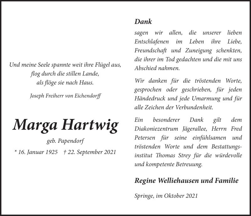  Traueranzeige für Marga Hartwig vom 30.10.2021 aus Neue Deister-Zeitung