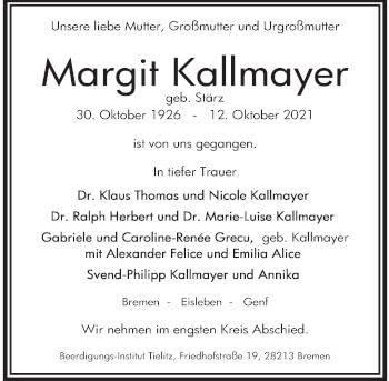 Traueranzeige von Margit Kallmayer von Deister- und Weserzeitung