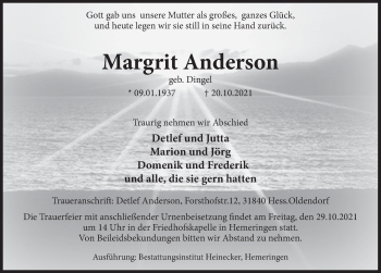 Traueranzeige von Margrit Anderson von Deister- und Weserzeitung