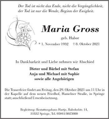 Traueranzeige von Maria Gross von Neue Deister-Zeitung