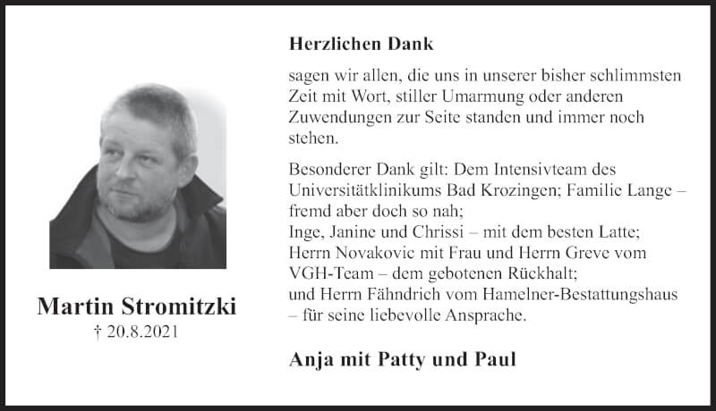  Traueranzeige für Martin Stromitzki vom 16.10.2021 aus Deister- und Weserzeitung