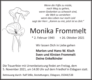 Traueranzeige von Monika Frommelt von Neue Deister-Zeitung