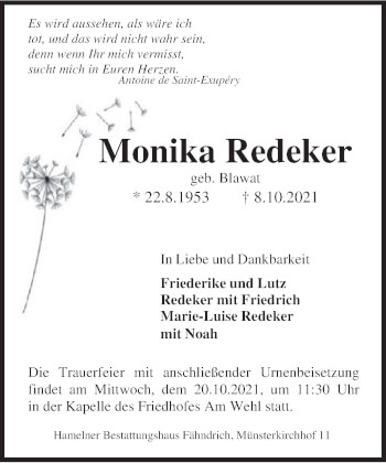 Traueranzeige von Monika Redeker von Deister- und Weserzeitung