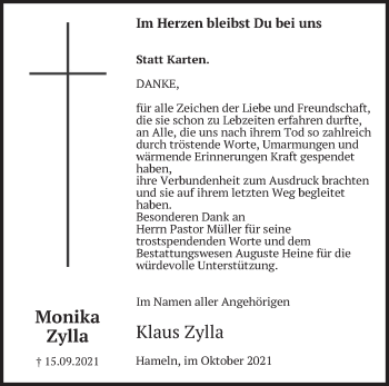 Traueranzeige von Monika Zylla von Deister- und Weserzeitung