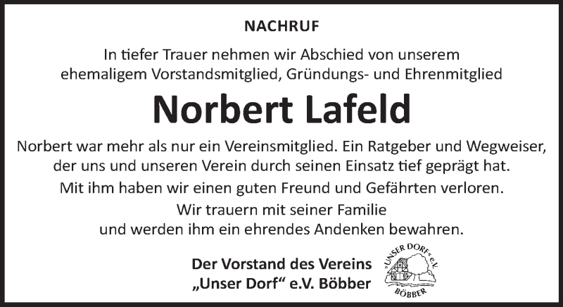  Traueranzeige für Norbert Lafeld vom 09.10.2021 aus Neue Deister-Zeitung