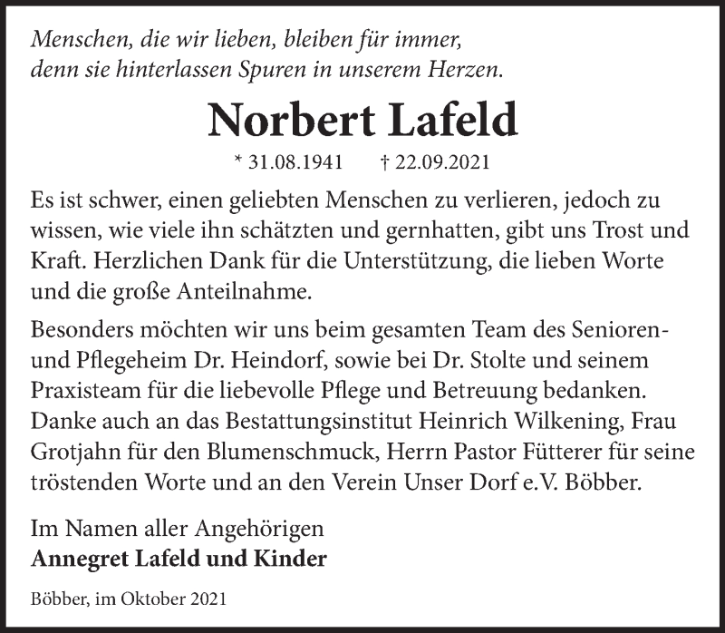  Traueranzeige für Norbert Lafeld vom 23.10.2021 aus Neue Deister-Zeitung