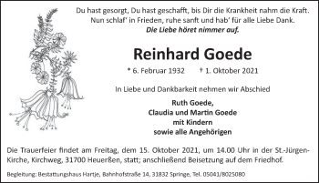 Traueranzeige von Reinhard Goede von Neue Deister-Zeitung