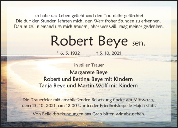 Traueranzeige von Robert Beye von Deister- und Weserzeitung
