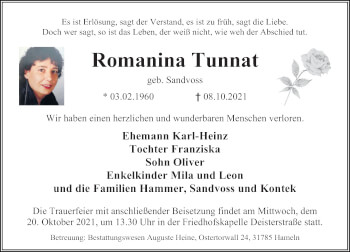 Traueranzeige von Romanina Tunnat von Deister- und Weserzeitung