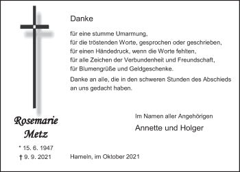Traueranzeige von Rosemarie Metz von Deister- und Weserzeitung