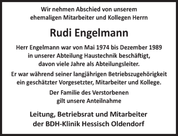 Traueranzeige von Rudi Engelmann von Deister- und Weserzeitung