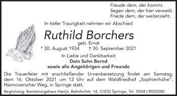 Traueranzeige von Ruthild Borchers von Neue Deister-Zeitung