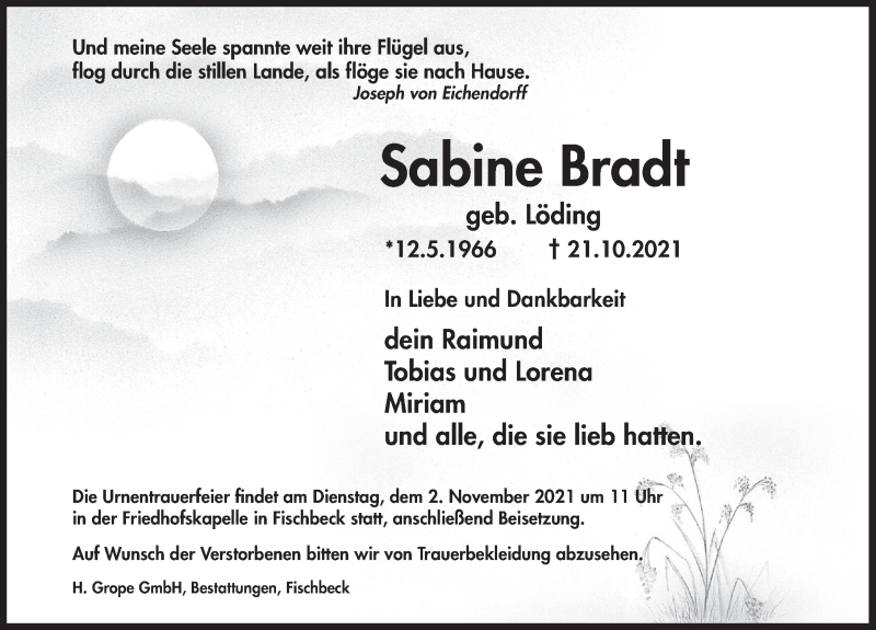  Traueranzeige für Sabine Bradt vom 23.10.2021 aus Deister- und Weserzeitung