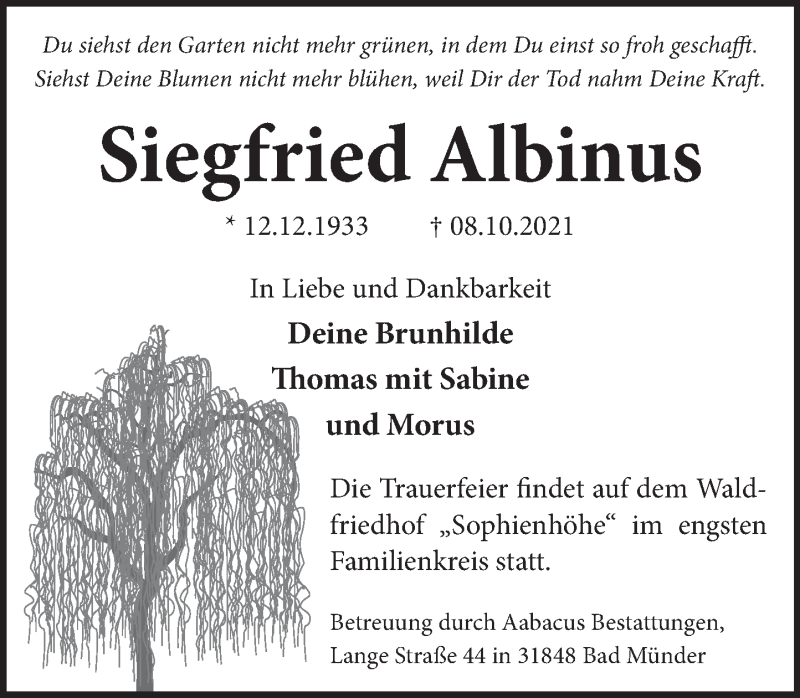  Traueranzeige für Siegfried Albinus vom 23.10.2021 aus Neue Deister-Zeitung