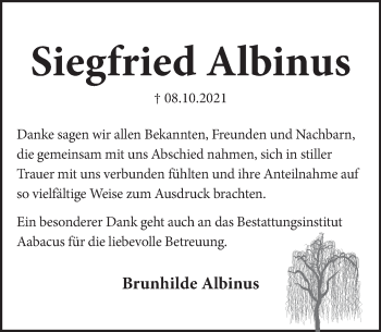 Traueranzeige von Siegfried Albinus von Neue Deister-Zeitung