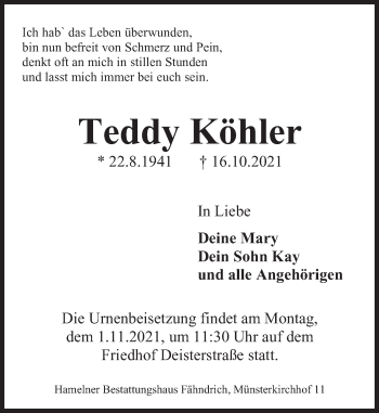 Traueranzeige von Teddy Köhler von Deister- und Weserzeitung