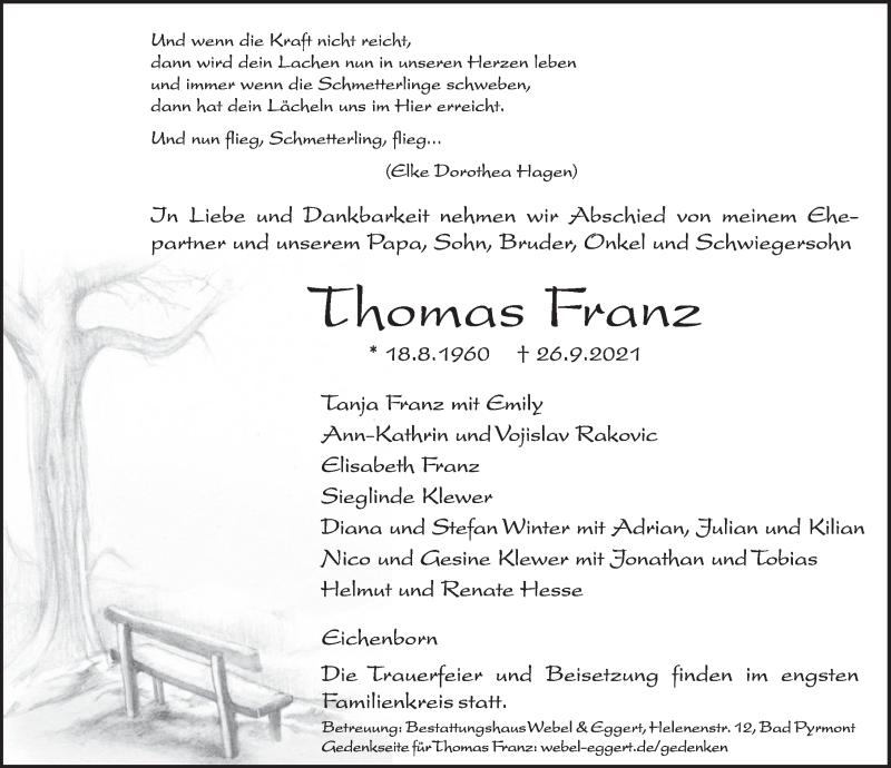  Traueranzeige für Thomas Franz vom 02.10.2021 aus Deister- und Weserzeitung
