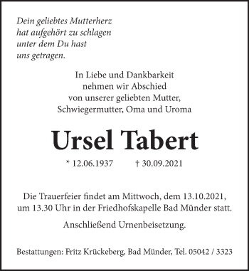 Traueranzeige von Ursel Tabert von Neue Deister-Zeitung