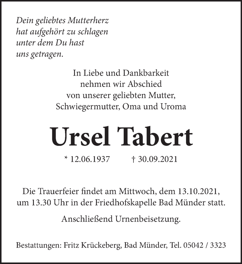  Traueranzeige für Ursel Tabert vom 09.10.2021 aus Neue Deister-Zeitung