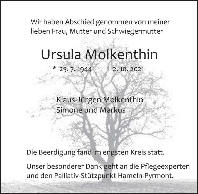  Traueranzeige für Ursula Molkenthin vom 16.10.2021 aus Deister- und Weserzeitung