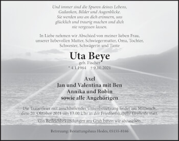 Traueranzeige von Uta Beye von Deister- und Weserzeitung