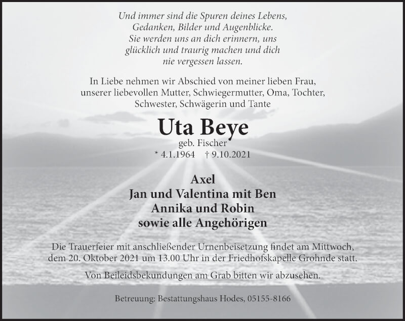  Traueranzeige für Uta Beye vom 16.10.2021 aus Deister- und Weserzeitung